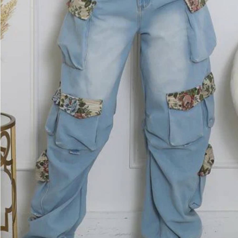 Blue Flare Wide Leg Jeans with Distressed Floral Patches